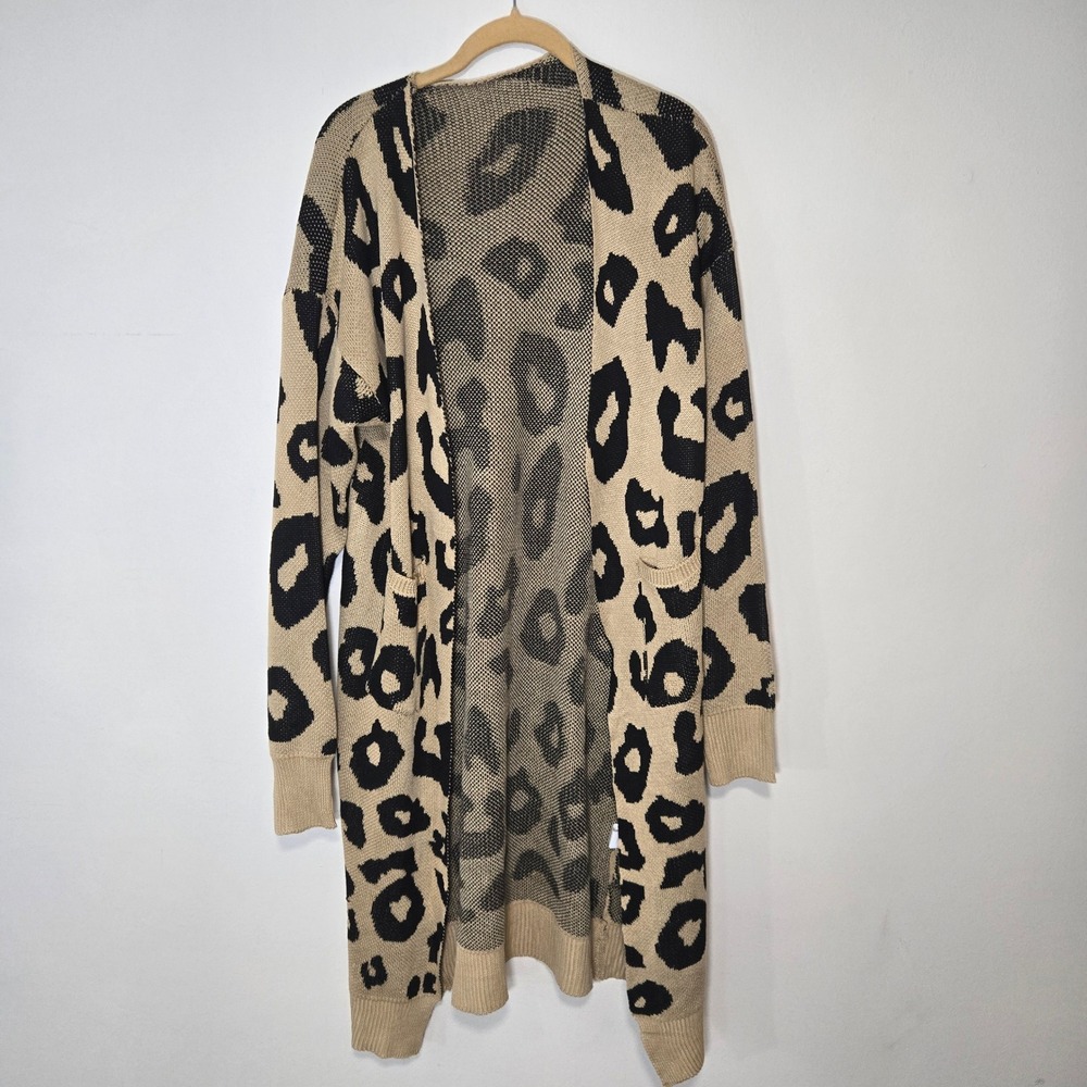 Vestidos Cardigan Womens XL Tan Black Leopard Print Longline Open Front Duster